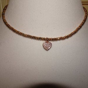 LUC Lucas Lameth 925 CN Dainty Rhinestone Heart Rose Gold Beaded Choker Necklace